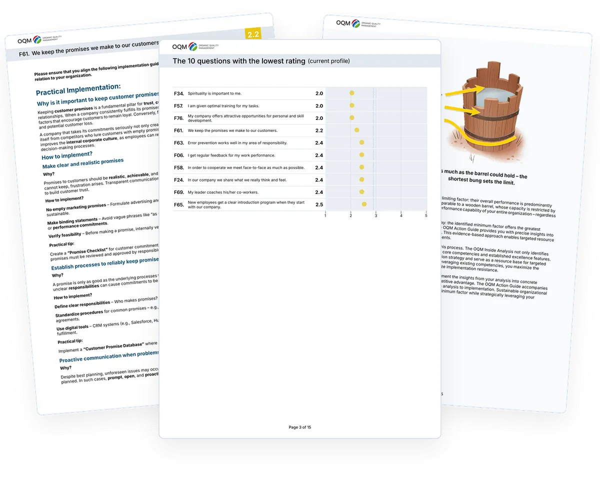 Pages from the sample Action Guide: the ten lowest-rated questions, the barrel principle and a page of measures