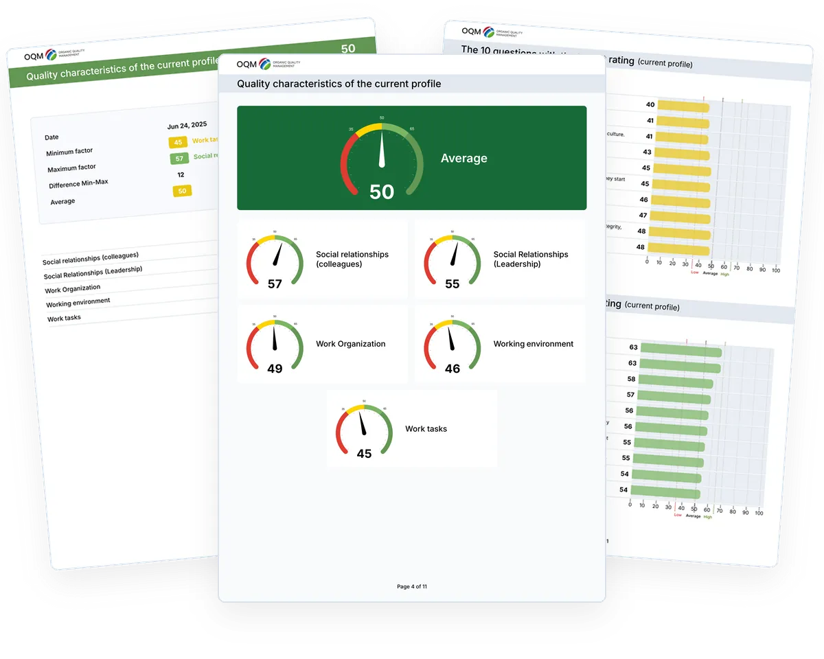 Pages from the sample Health profile: gauges for the five strain factors, the overview and a department comparison